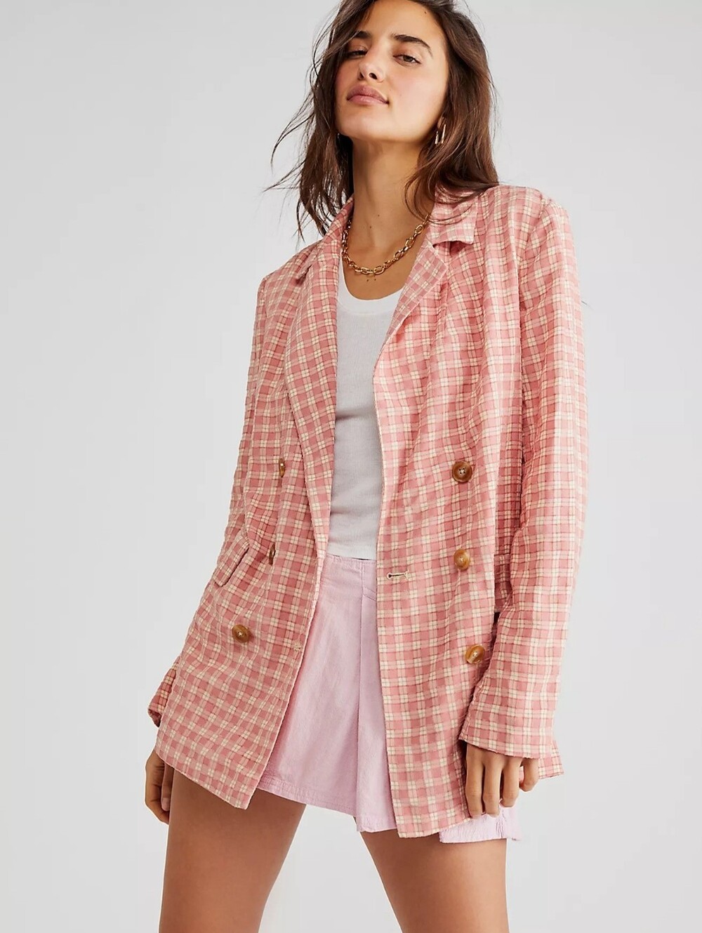 FREE PEOPLE Olivia Gingham Double Breasted Blazer XL